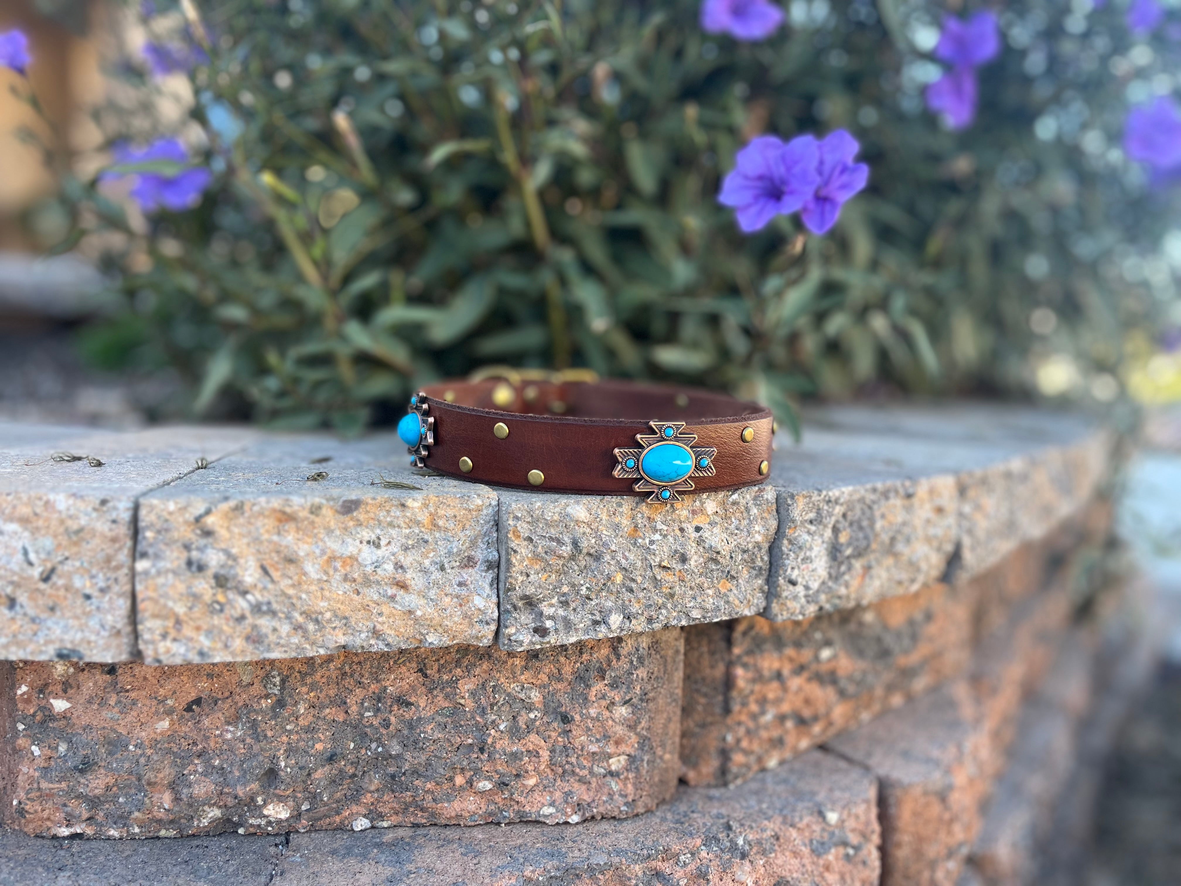 1" Turquoise Aztec Concho Leather Collar