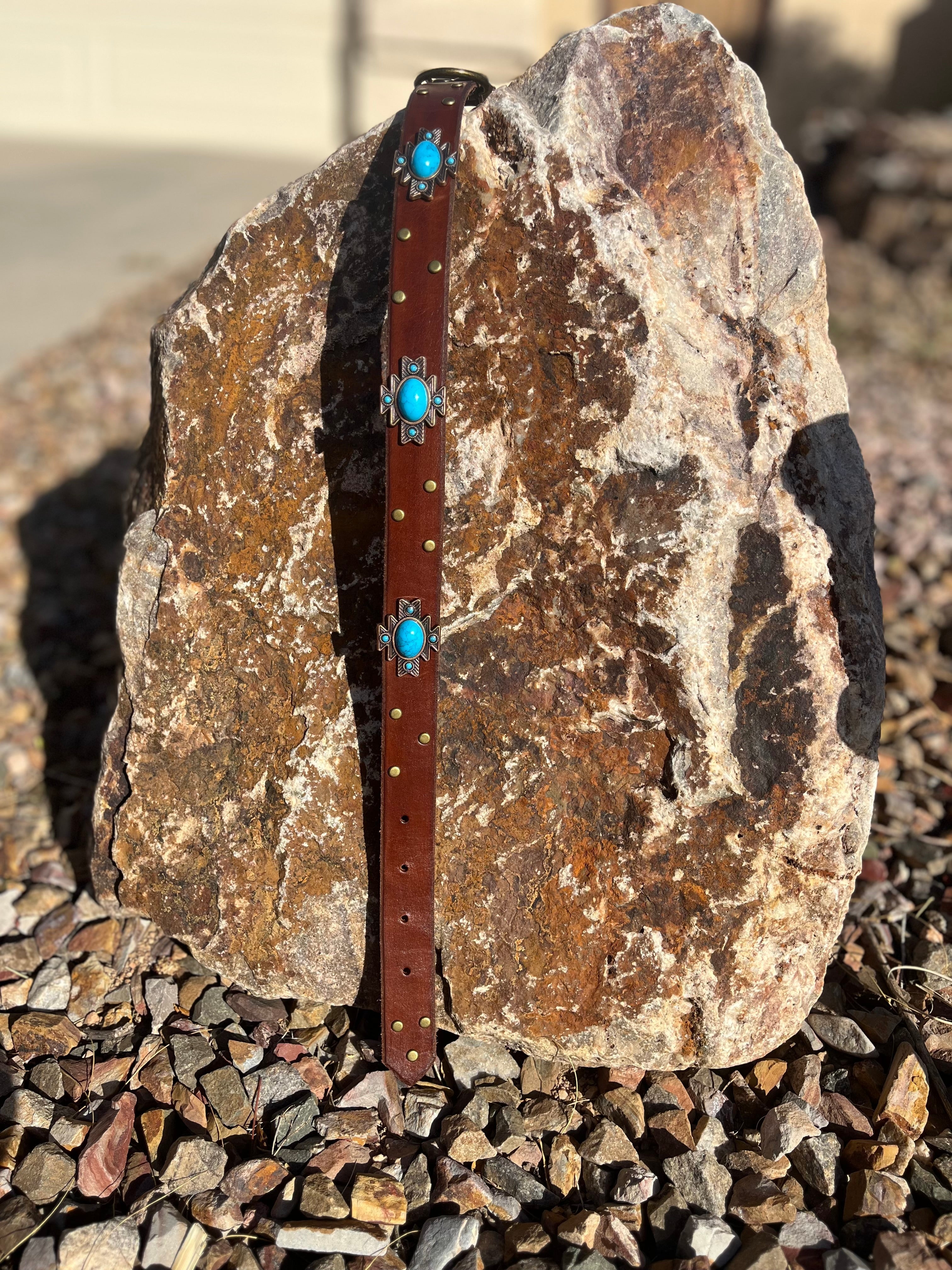 1" Turquoise Aztec Concho Leather Collar