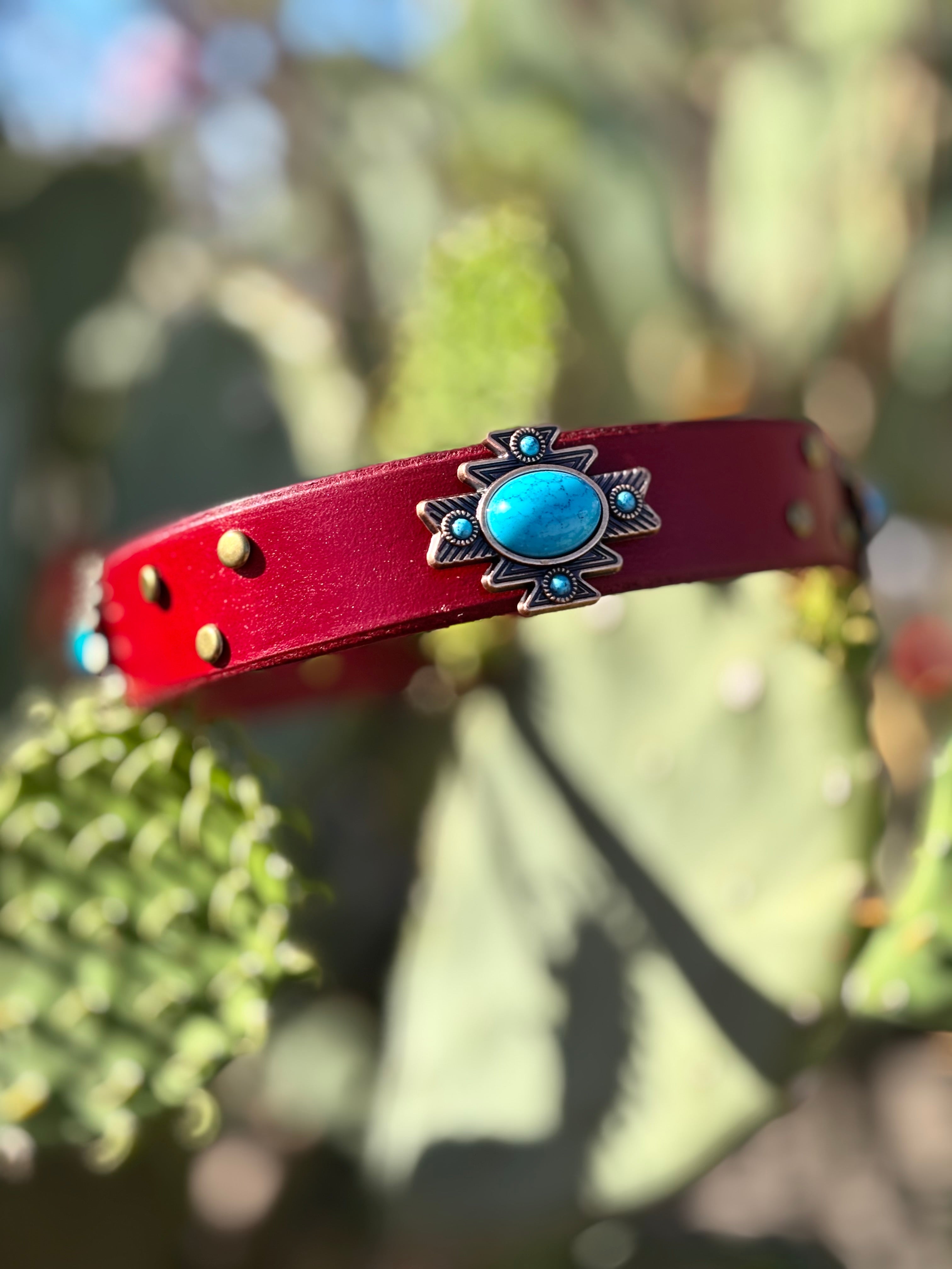 1" Turquoise Aztec Concho Leather Collar