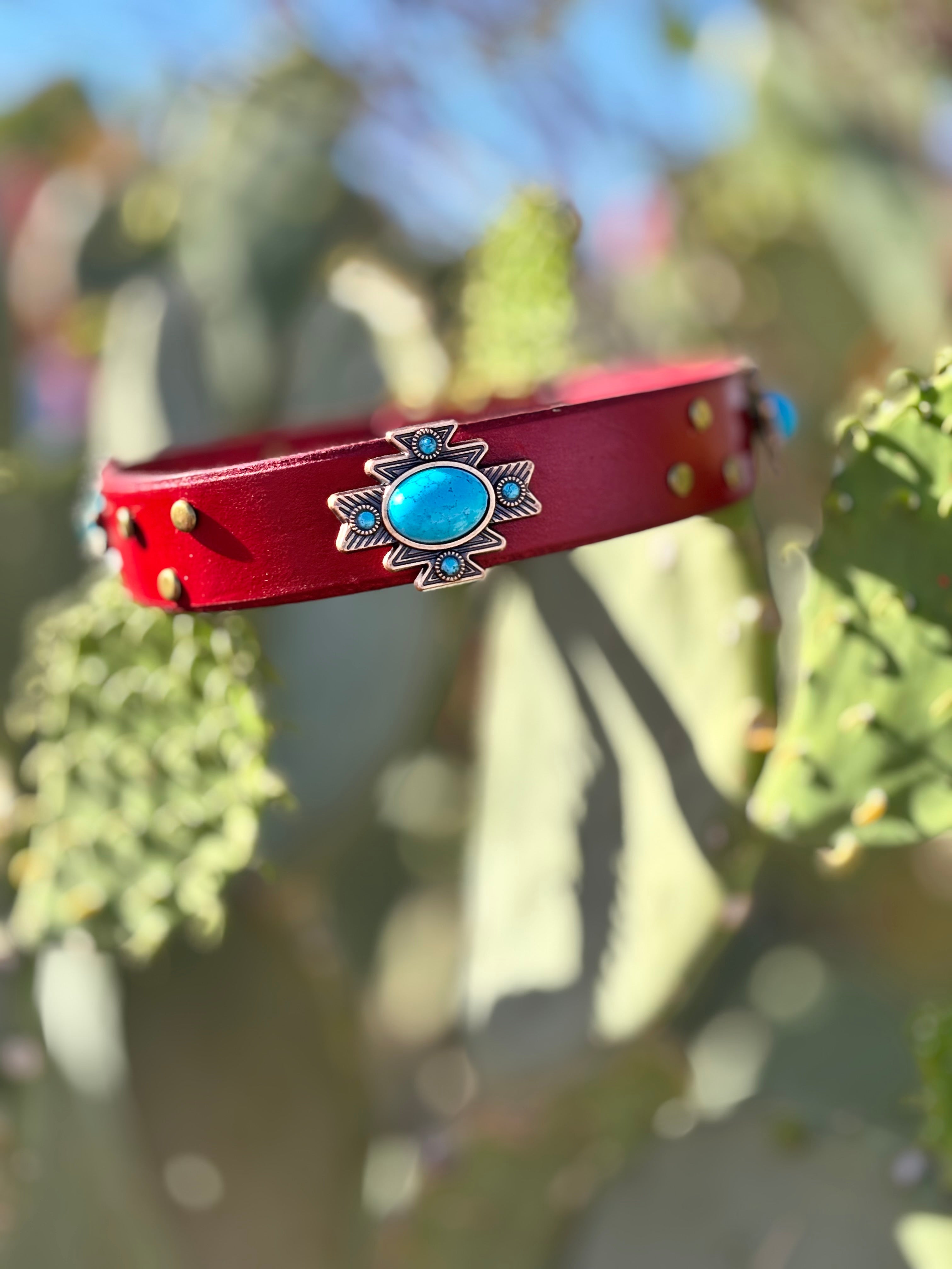 1" Turquoise Aztec Concho Leather Collar
