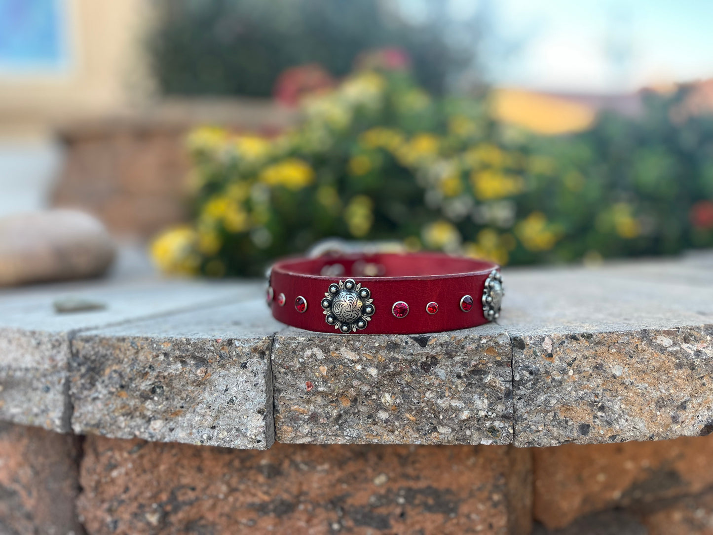 1" Silver Berry Red Leather Rhinestone Collar